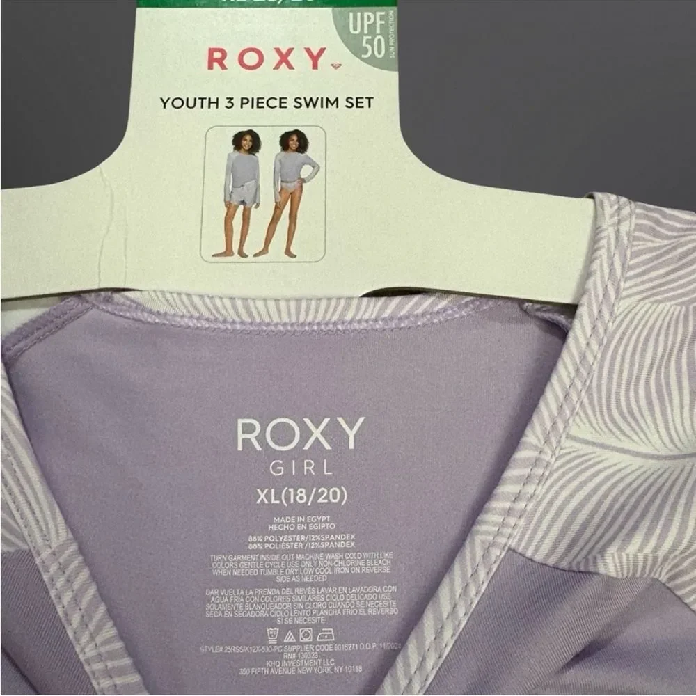 New! Roxy Youth 3-piece Swim Set Light Purple Girls Sz XL 18/20 UPF 50